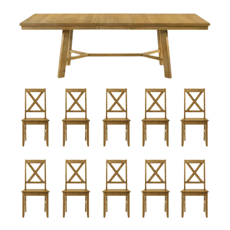Ensemble de table de salle à manger extensible Oaklyn, Bois jaune clair, 11 pièces: table, 10 chaises