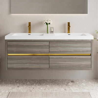 Meuble-lavabo mural 60 po avec lavabo double, meuble de rangement flottant pour salle de bain avec comptoir en résine de pierre et tiroirs à fermeture en douceur, gris cendré