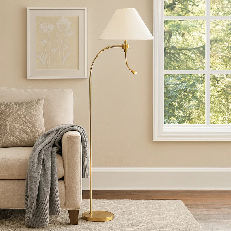 Ashy 68 Inch Floor Lamp, Gooseneck LED, White Shade, Arc Pole, Gold