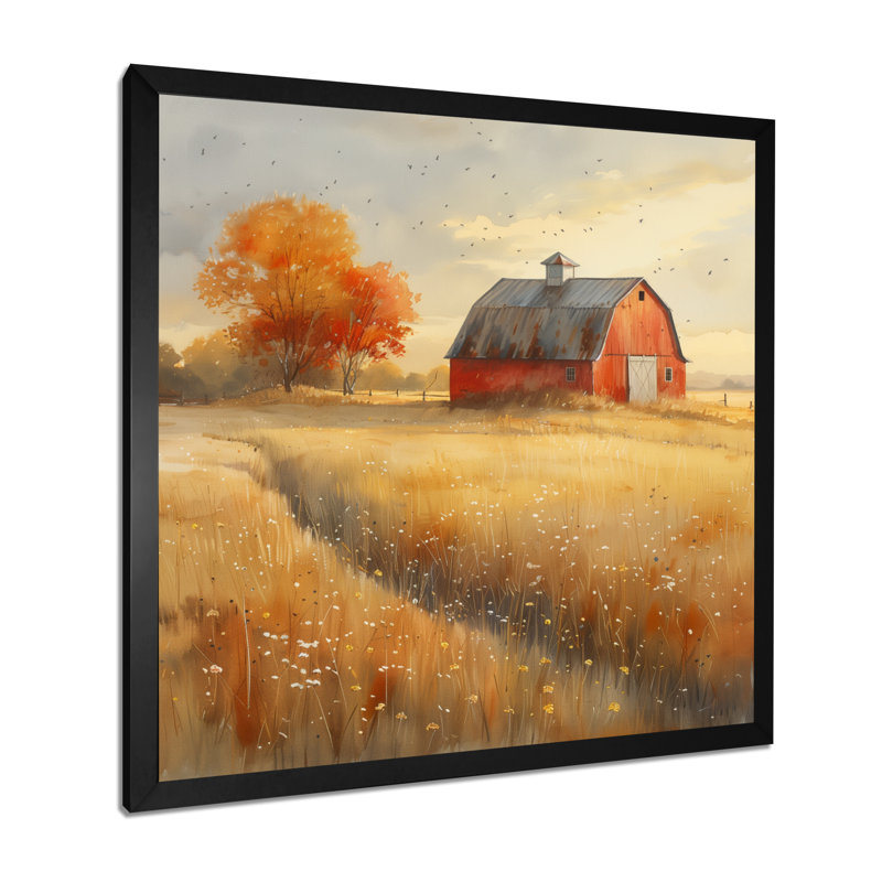Jaune jaune brun, campagne d'automne, grange I - art mural de grange, Toile encadrée noire simple, H 16 po x l 16 po x P 1 po
