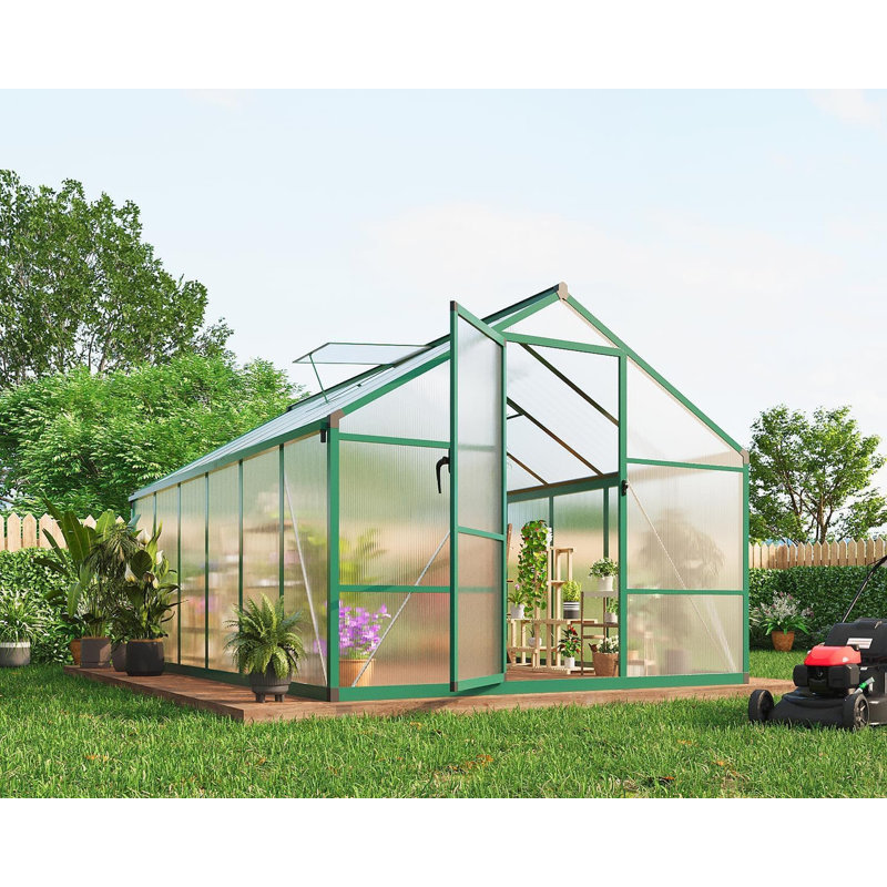 8 x 10/12FT Polycarbonate Walk-in Greenhouse with Roof Vent, Aluminum Frame Large Garden Greenhouse for Outdoors, Green