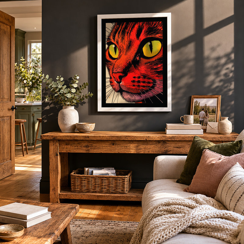 Bold Gaze Cat Graphic - Framed Print, A4 - 29.7 x 21.0 cm, White