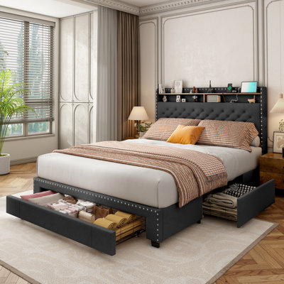 Upholstered Platform Bed Frame with 3 Drawers and RGB LED Lights, Bed with Storage Headboard and Charging Station
