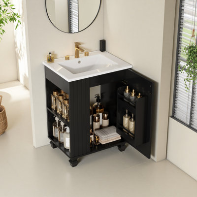 Meuble-lavabo 24 po avec lavabo, armoire de salle de bain avec tablette de porte, rangement latéral ouvert, structure en bois massif, porte à fermeture douce