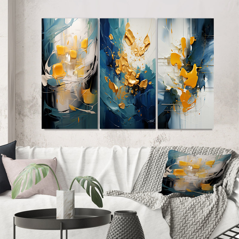 Sudden Happiness abstrait bleu sarcelle et jaune - ensemble de 3 impressions, H 32 po x l 48 po, Toile tendue