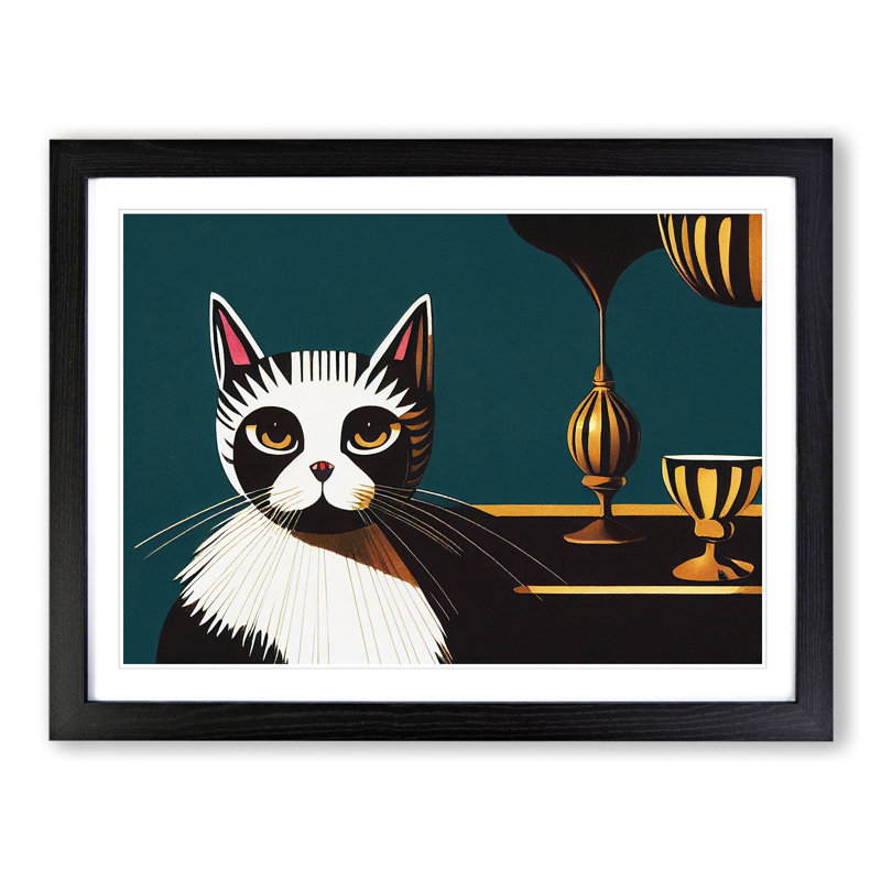 Sitting Cat Abstract - Framed Print, 34cm H x 46cm W x 2cm D, Black