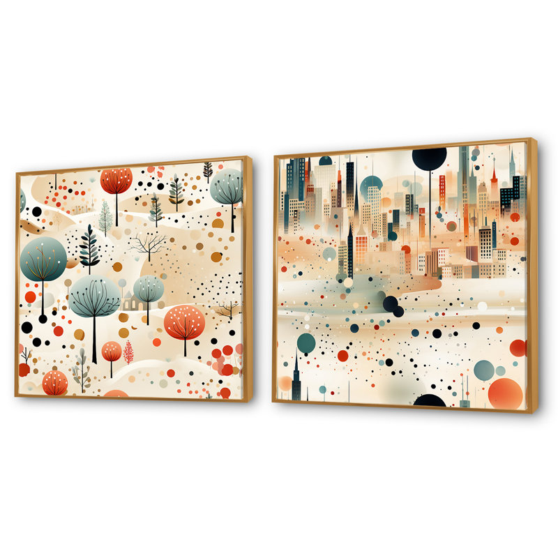 Jason - Ensemble de 2 collage de paysages abstraits carrés, Cadre flottant doré, H 16 po x l 33 po