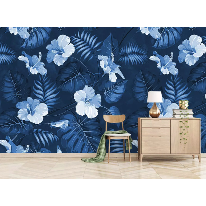 Papier peint amovible classique avec fleurs bleu foncé et mirabilis, L 9 po x l 15 po