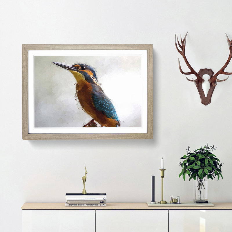 Graceful Kingfisher Bird in Abstract - Picture Frame Painting Print, 62cm H x 87cm W x 2cm D, Oak Framed
