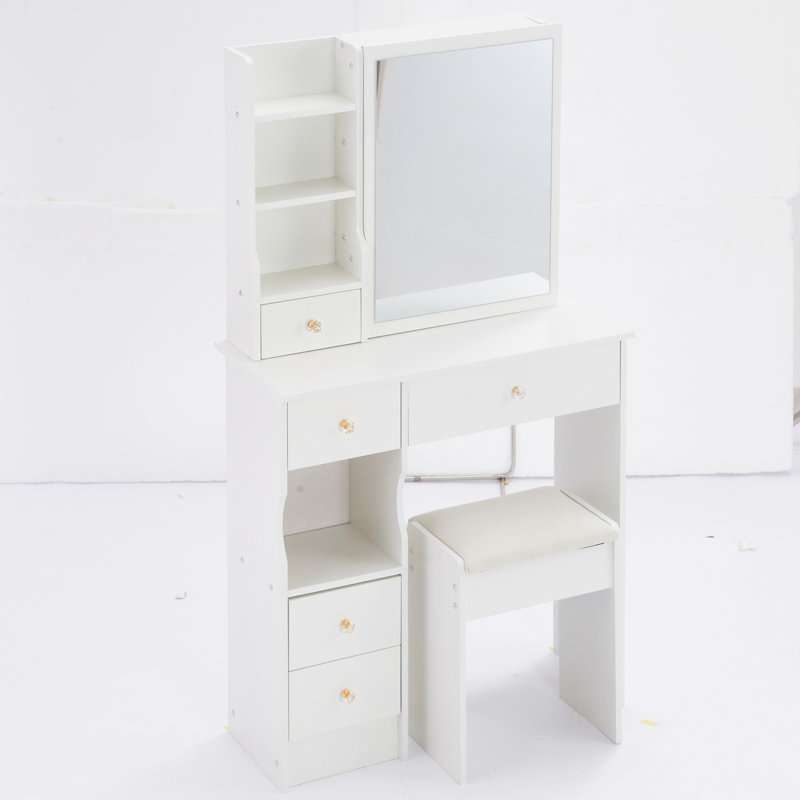 Petit meuble-lavabo de 29,2 po avec tiroir à gauche et tabouret rembourré, très grand miroir coulissant à droite, rangement multi-couches à grande capacité, commode pratique