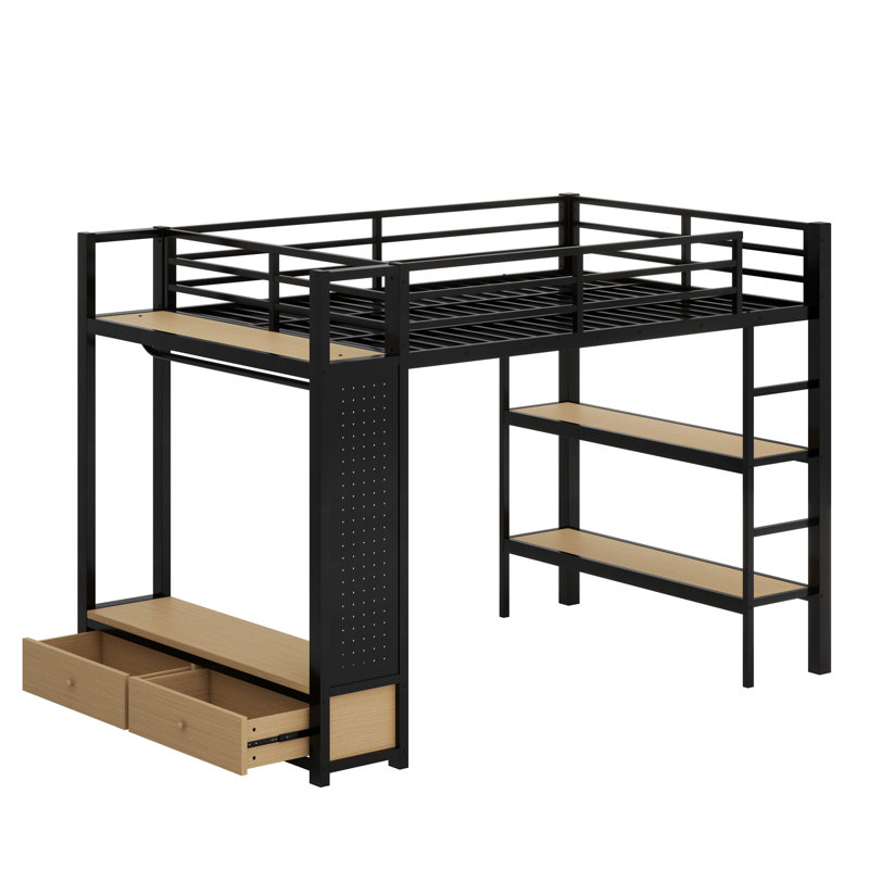Structure de lit mezzanine avec garde-robe, lit mezzanine en métal avec tablettes de rangement et panneau perforé, Double