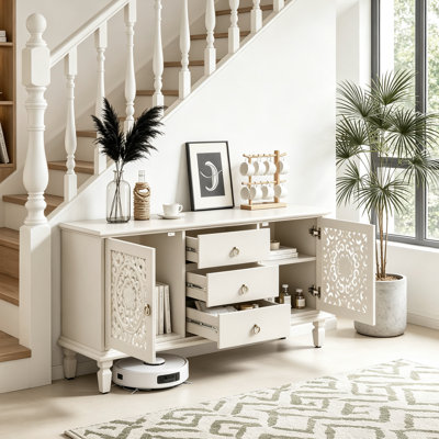 Farmhouse TV Stand with 3 Drawers, 2 Carved Hollow Doors and Adjustable Shelves, Vintage Storage Cabinet,Freestanding Media Console Storage Cabinet for Living Room