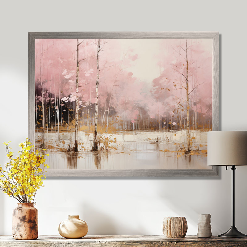 «Minimalisme rose et forêt dorée I», art sur toile, H 16 po x l 32 po x P 1 po, Cadre simple argenté