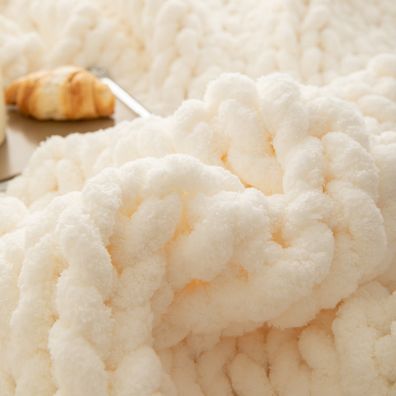 Chenille Chunky Knit Throw, Luxury Hand-Knitted Yarn Throw Blanket, Cream