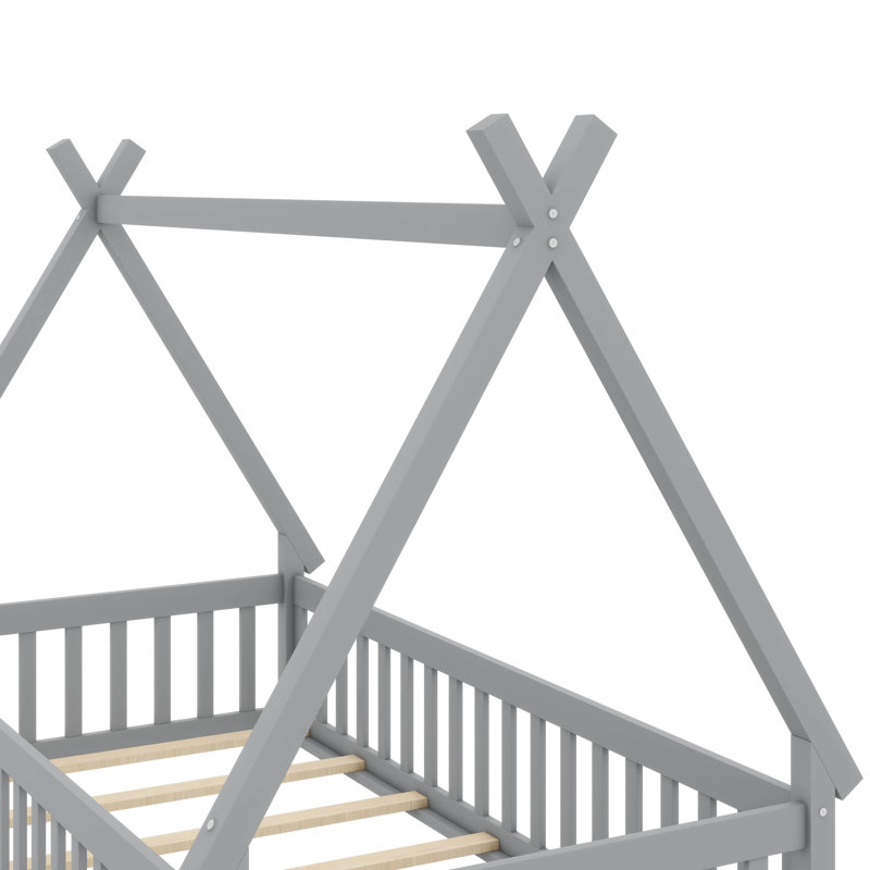 Lit tipi simple à profil bas avec barrières de sécurité intégrées, Gris
