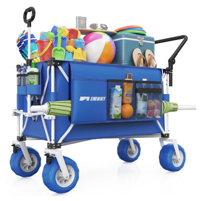 Chariot de chariot pliant robuste avec poignée rotative et roues tout-terrain, cadre en acier bleu pour le transport de plage, de camping et d'épicerie