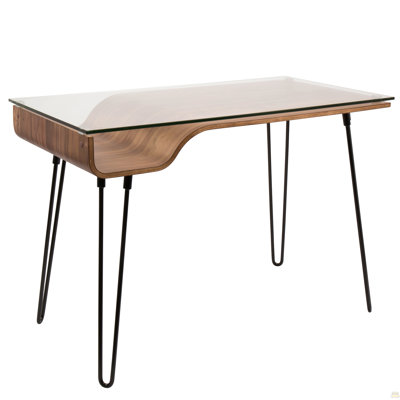 Bureau Avery Mid-Century moderne en bois de noyer, verre transparent et métal noir