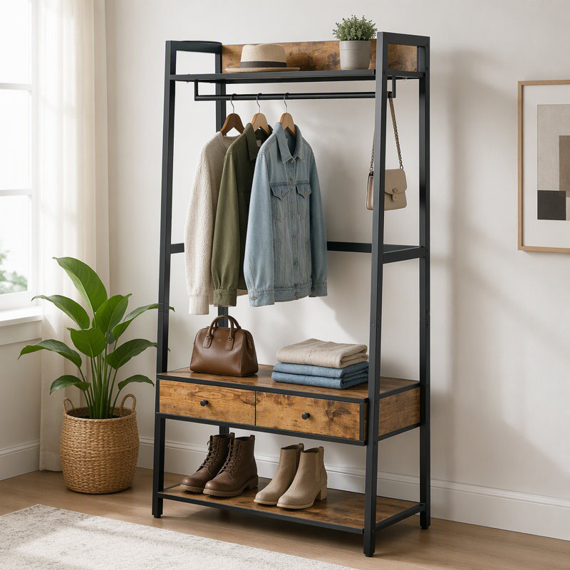 Arbre d'entrée 5-en-1 avec portemanteau, banc à chaussures et rangement, aspect bois, brun rustique