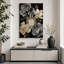 Bouteille de parfum noir doré avec des fleurs élégantes, images de chambre à coucher, impression sur toile encadrée-132064154-132064159