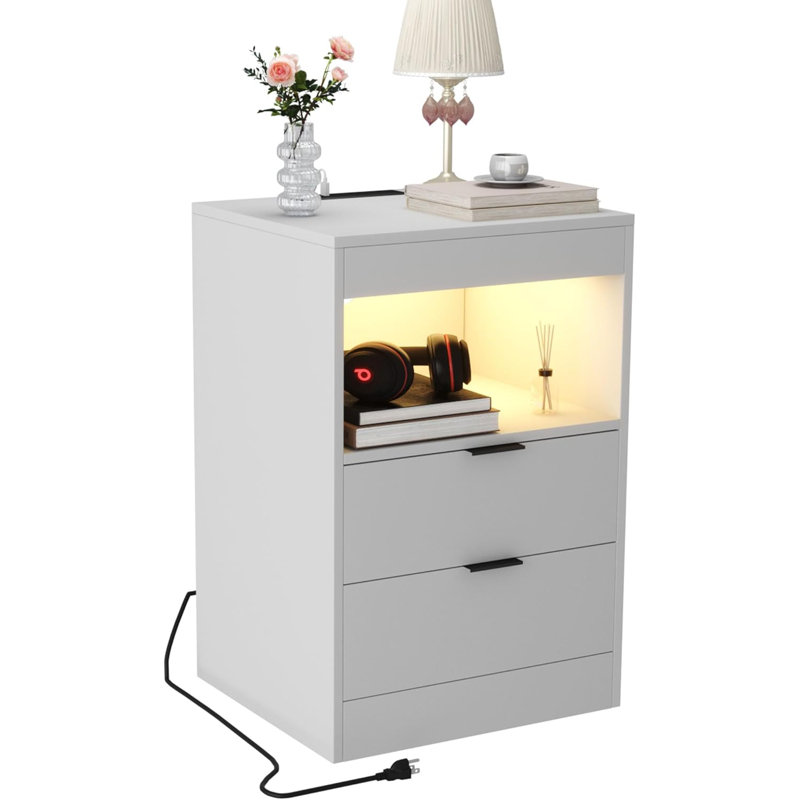 Nightstand With Charging Station, Bedside Table With 3 Drawers And LED Lights, End Table Sofa Couch Side Table With Pull-Out Shelf