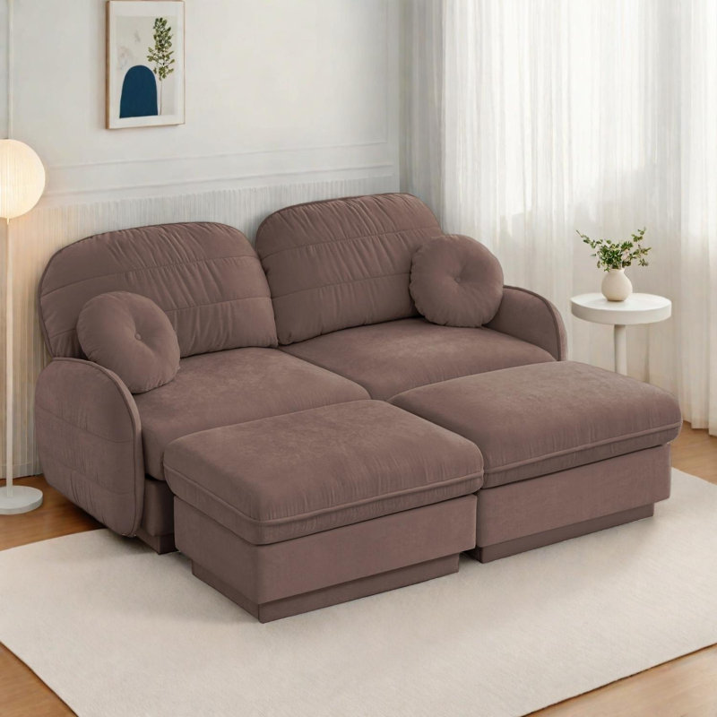 Canapé modulaire en chenille avec repose-pieds mobile, canapé à assise profonde et coussins ronds, Rose poussière