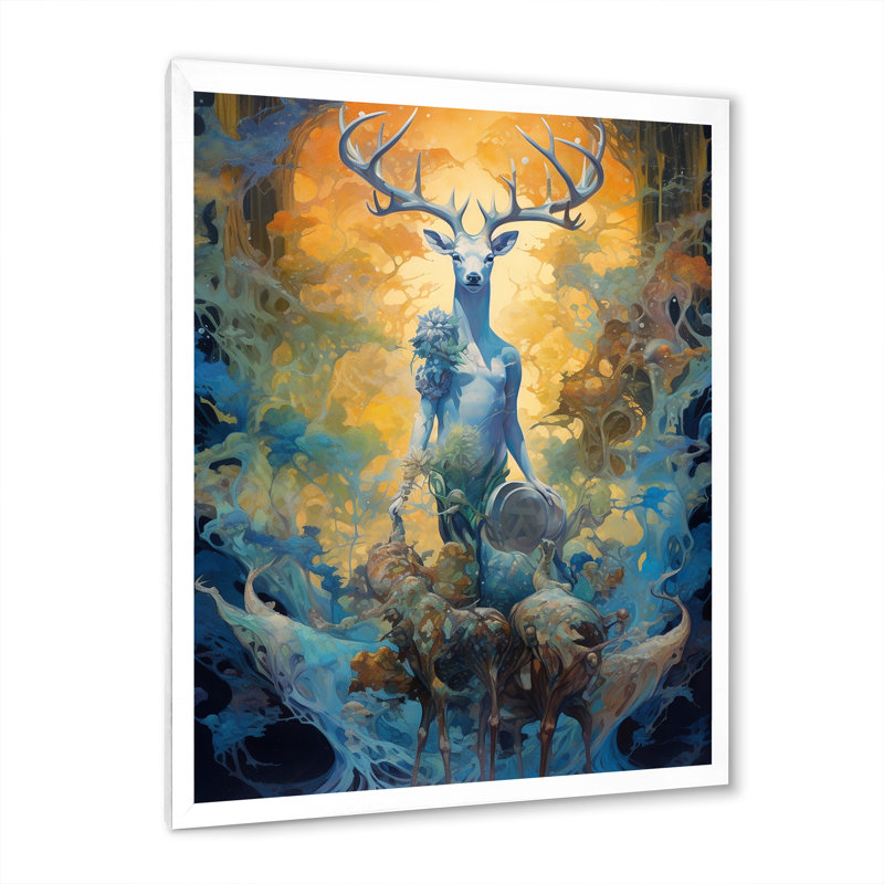 «Majestic Deer In Magical Forest», reproduction sur toile, Cadre simple blanc, H 20 po x l 12 po x P 1 po