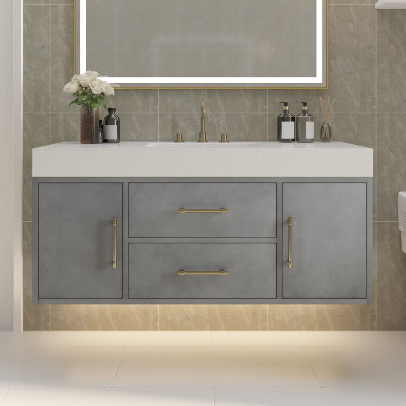 Meuble-lavabo mural 48 po avec comptoir en pierre de quartz et lavabo en céramique Balconera, Gris