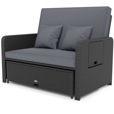 PE Wicker Outdoor Daybed With Adjustable Backrest & Ottoman, Gray
