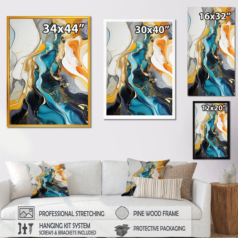 «Blue» et «Yellow Ink Ink Abstraction Harmony I», art mural abstrait à encre liquide, Cadre flottant noir
