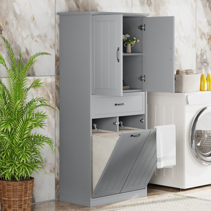 Armoire de rangement pour salle de bain avec deux paniers à linge, Gris