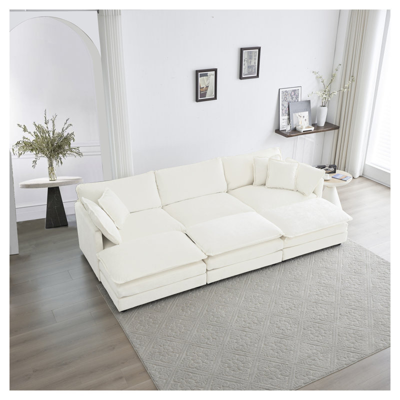 Canapé modulaire réversible en U modulaire à 6 places, siège en chenille blanche à assise profonde avec 3 repose-pieds et coussins décoratifs