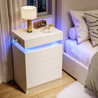 26.8" H Modern Style Nightstand with 3 Drawers, Charging Station and LED Lights for Bedroom  