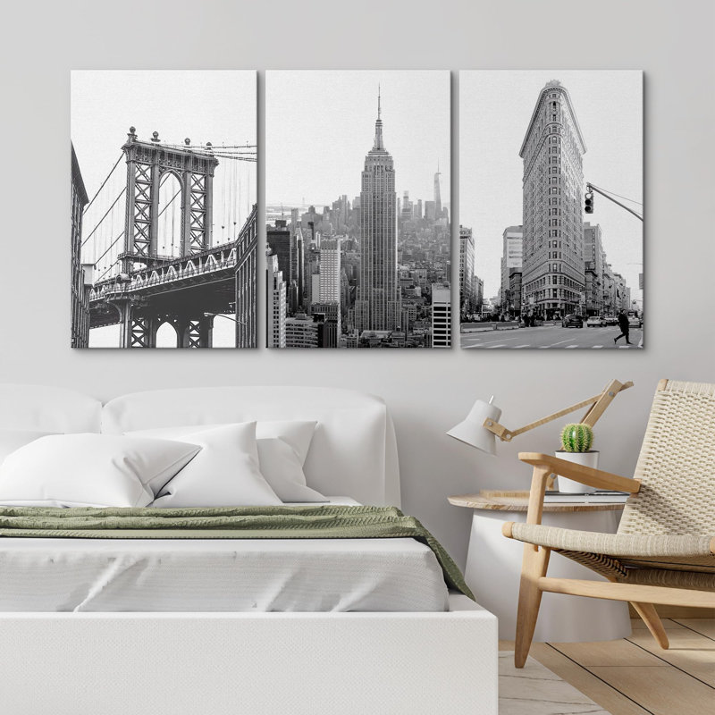 Brigde gratte-ciel bâtiments au coucher du soleil photographie de paysage urbain noir et blanc, Toile tendue
