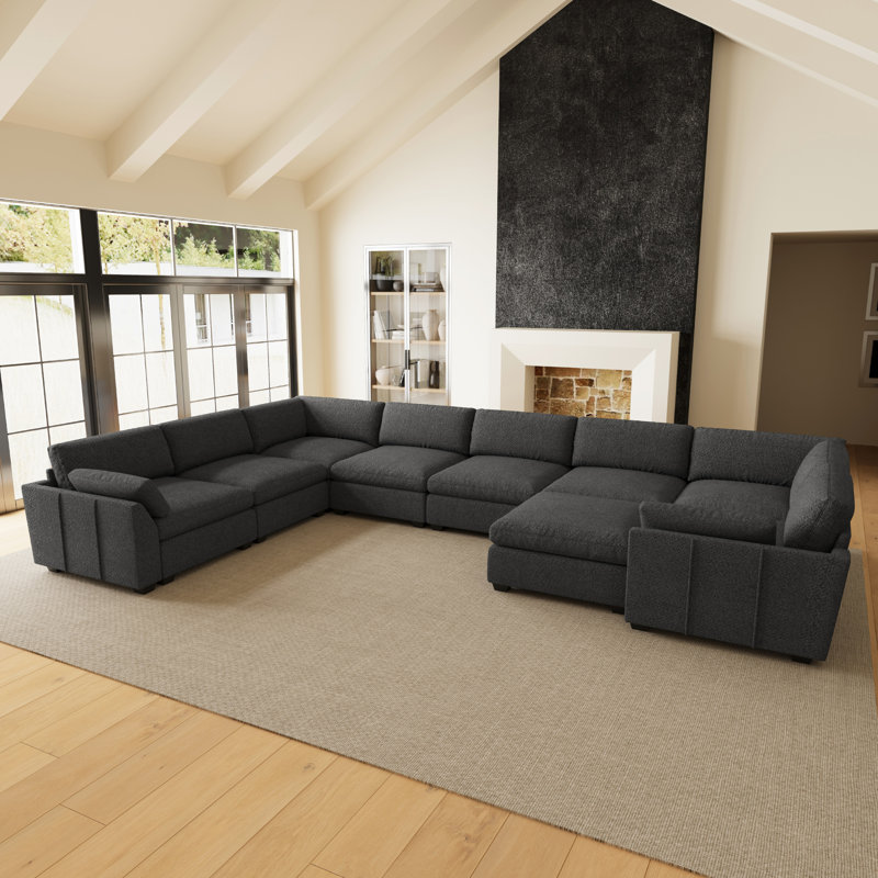 Canapé 6 places en chenille imperméable en forme de U avec double assise d'angle et pouf, Chenille gris foncé