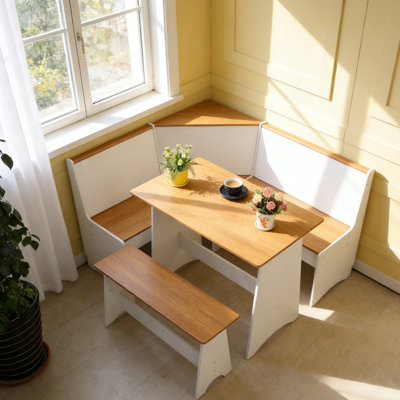 3-piece L-shaped Breakfast Nook Dining Set With Hidden Storage, Modern Wood Corner Dining Table And Bench Set For Small Spaces & Kitchen, Natural And White