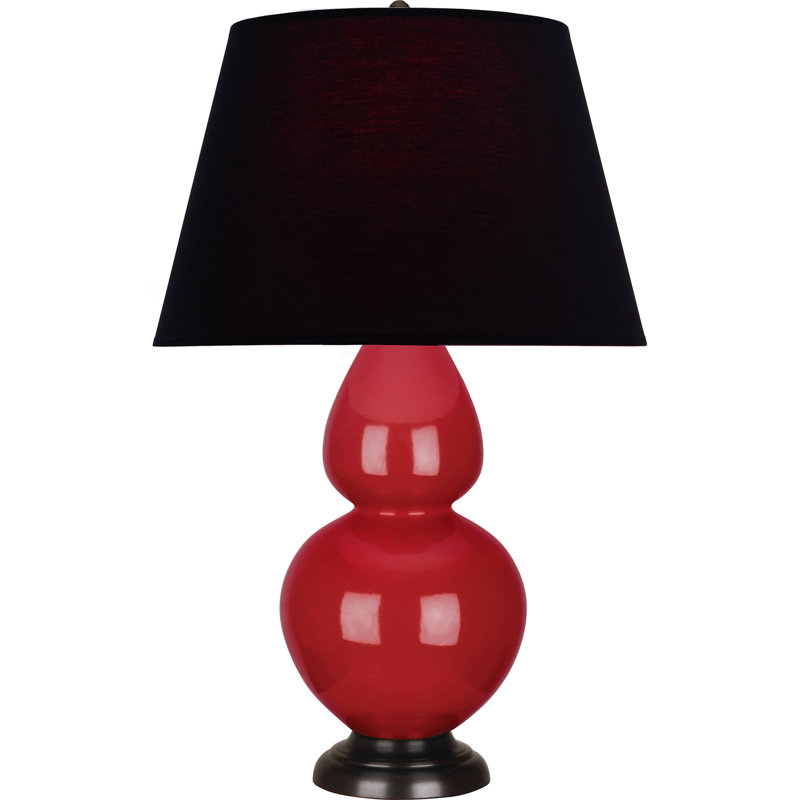 Lampe de table double gourde en céramique, Noir / Rouge, Rouge rubis émaillé / bronze, Bronze