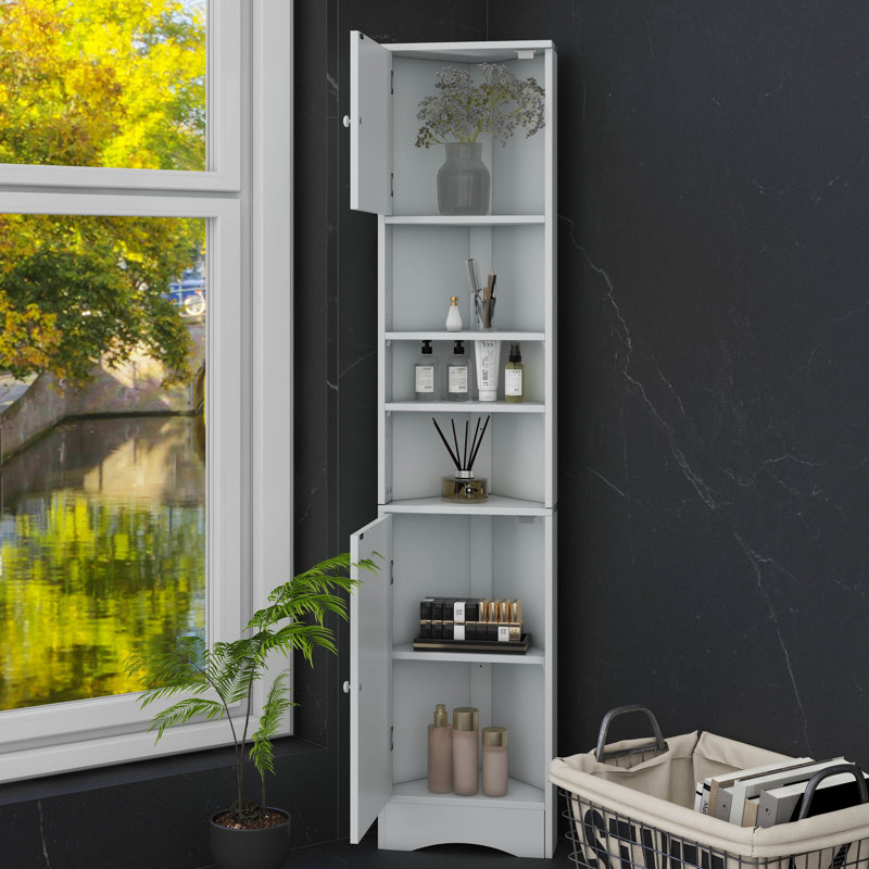 Grande armoire de coin de salle de bain avec 2 portes, armoire de rangement mince autoportante avec 3 tablettes réglables pour la salle de bain