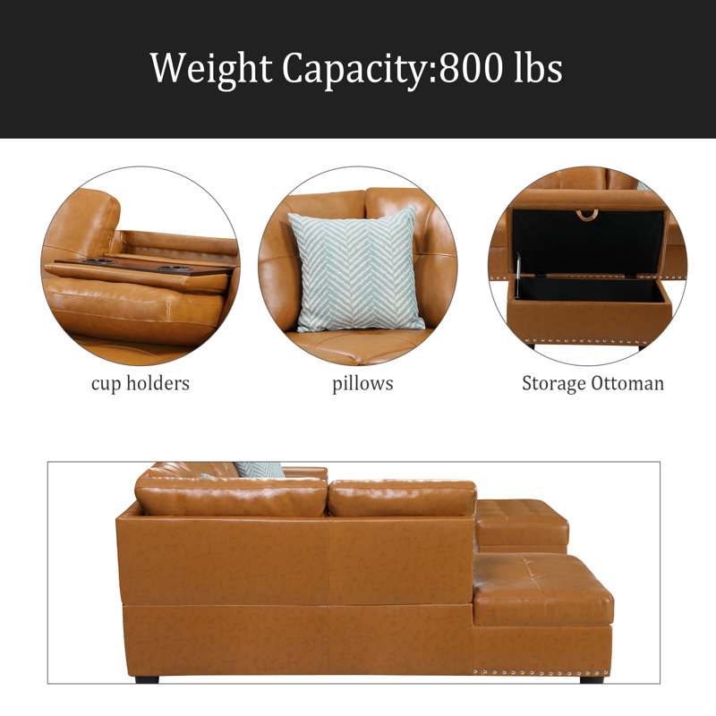 Faux Leather L - Shaped Sectional With Storage & Cup Holders, Ginger