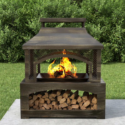 Elneta 32.28" W Steel Outdoor Fireplace with Log Storage