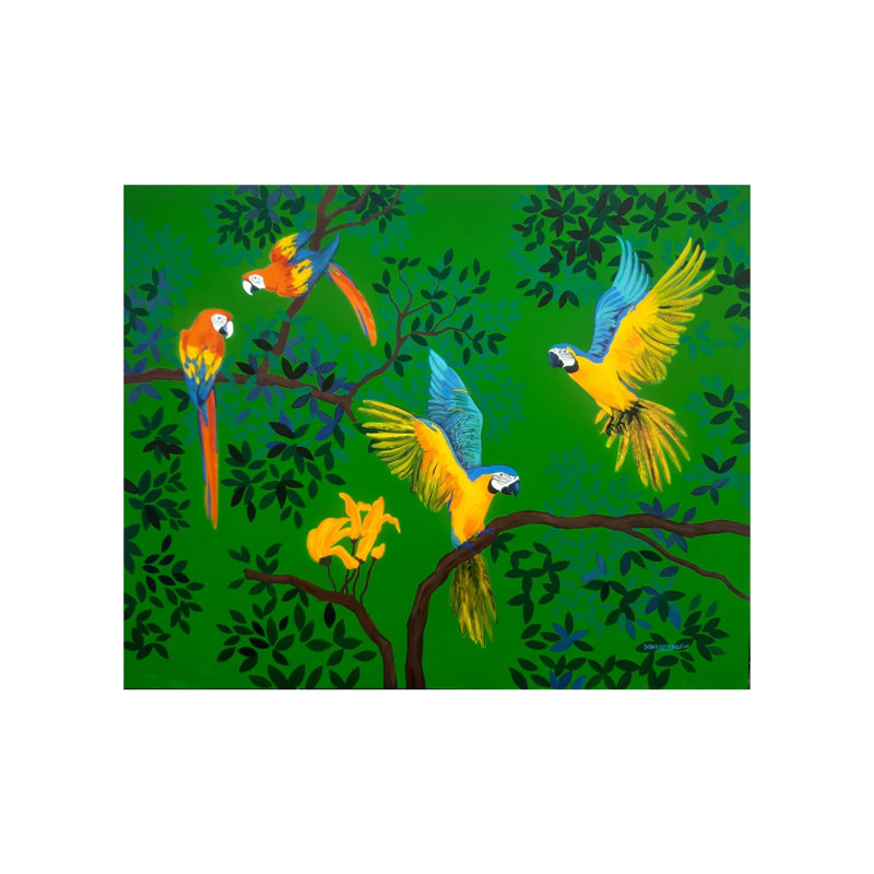 Perroquets sur les branches tropicales | Acrylique sur toile | Par Debrata Basu