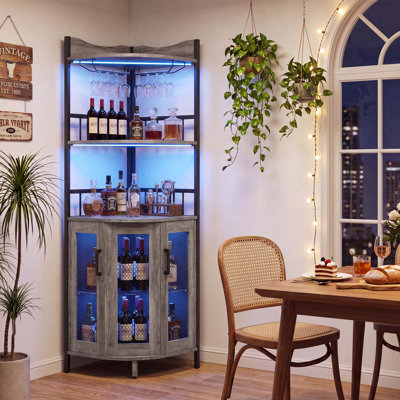 5‑Tier Floor‑Standing Corner Bar Cabinet, Tall Liquor Wine Cabinet With Built‑In Power Outlets, Led Lights, Wine Rack And Glass Holder For Small‑Space Living‑Room Home Use, Gray