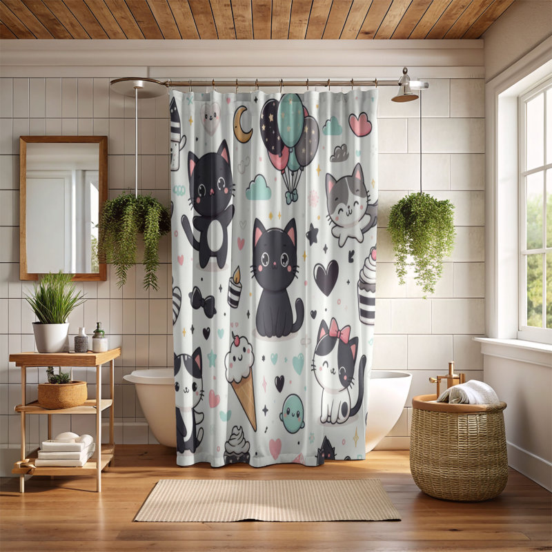 Rideau Diyala ronronnant en noir et blanc - Douche standard 1 pièce, H 74 po x l 40 po