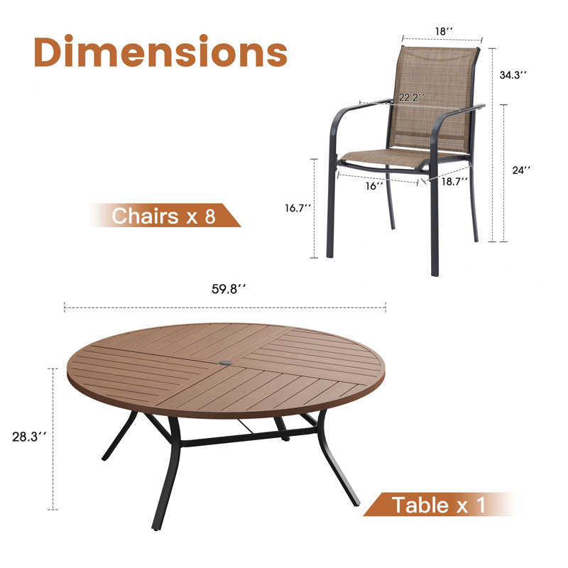 Round Patio Dining Set with 60" Metal Dining Table and 8 Stackable Armrest PVC-coated polyester Chairs