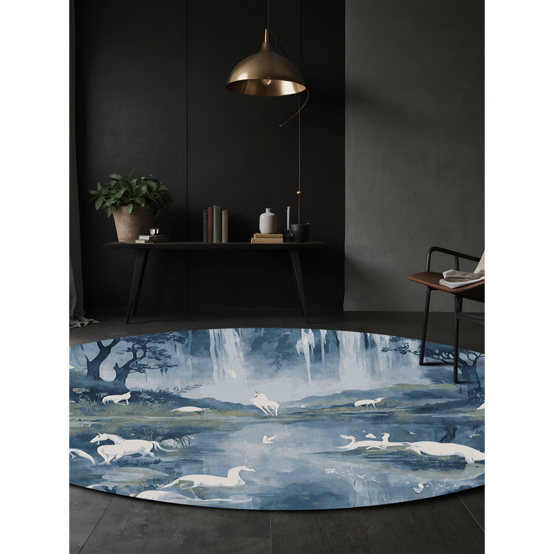 Tapis bleu soyeux et moelleux, Rond 5 pi