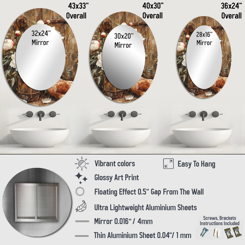 Farm Peonies At The Chicken Feeder III - White Traditional Oval Wall Mirror, 40" x 30"