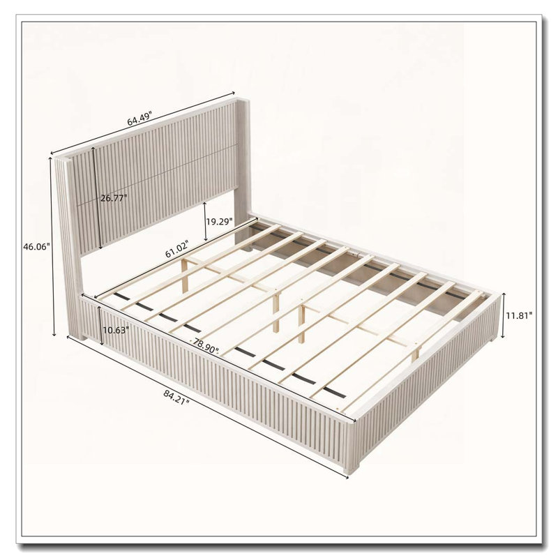 Structure de lit plateforme en bois massif avec tête de lit, aucun sommier nécessaire, Grand lit, Beige