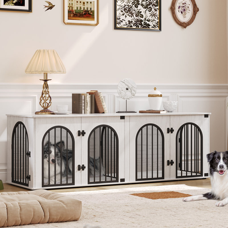 71" White and Brown Heavy Duty Dog Crate Furniture with Divider
