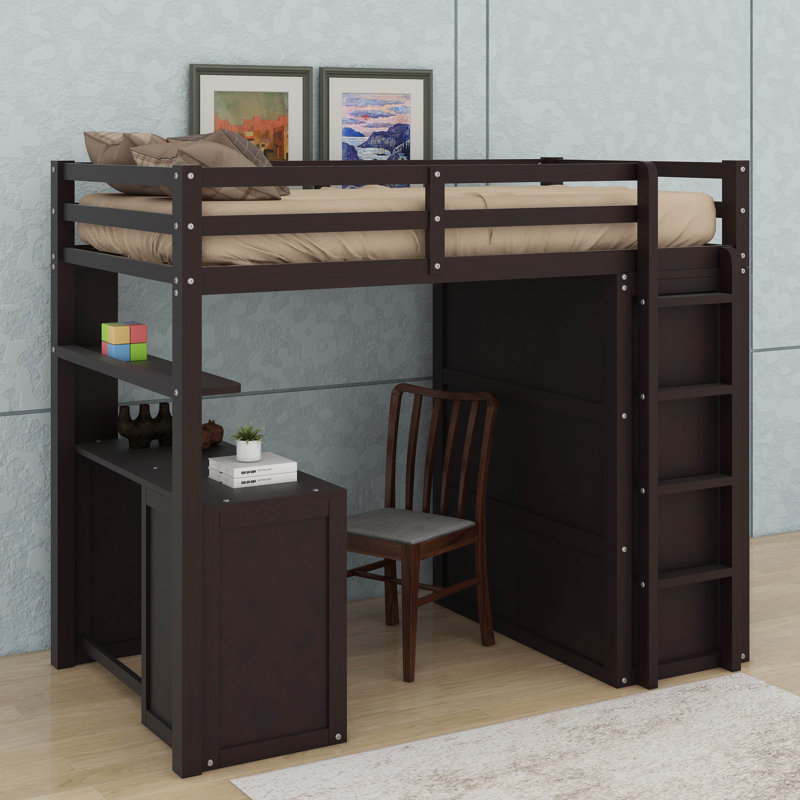Lit mezzanine simple avec bureau, tiroirs et garde-robe, Espresso