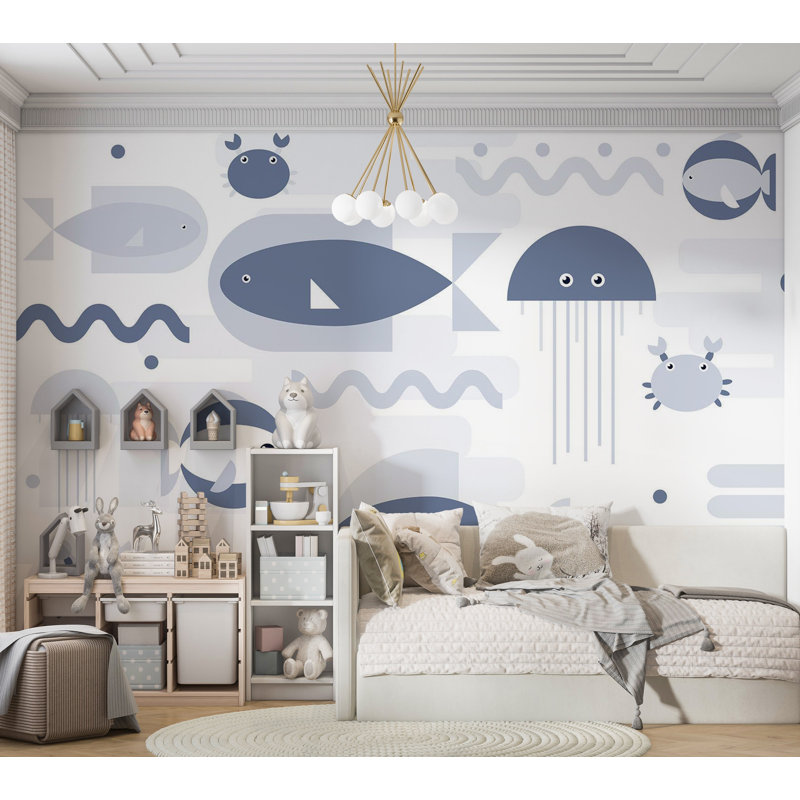 Adhésif mural pelez et collez pour enfants - Poissons et crabes géométriques, L 55 po x l 77 po, Peel & Stick
