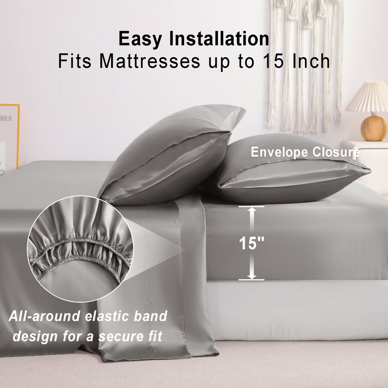 Ensemble de draps en satin 4 pièces Luxury, Couvre-lit double + 4 pièces supplémentaires, Gris